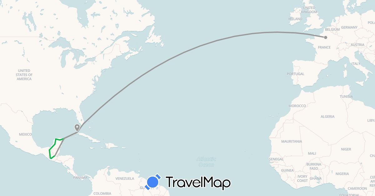TravelMap itinerary: driving, bus, plane, boat in Cuba, France, Guatemala, Mexico, United States (Europe, North America)
